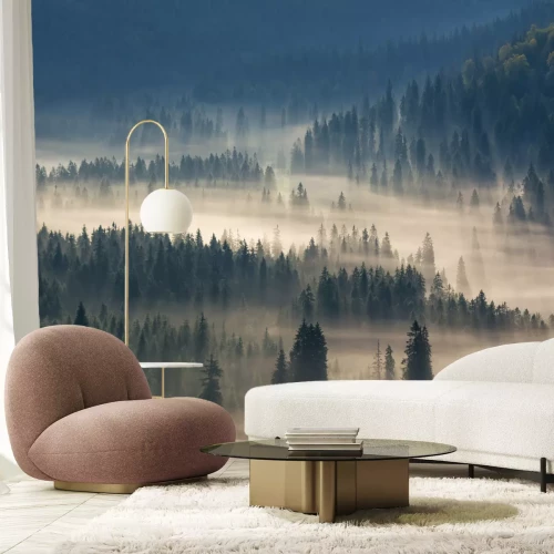 Fotobehang Zonnestralen verlichten het bos