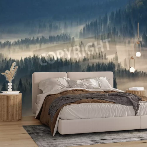 Fotobehang Zonnestralen verlichten het bos