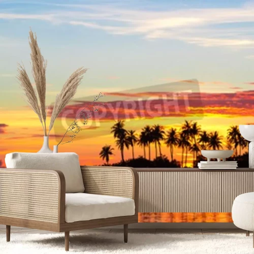 Fotobehang Zonsondergang en silhouetten van tropische palmbomen