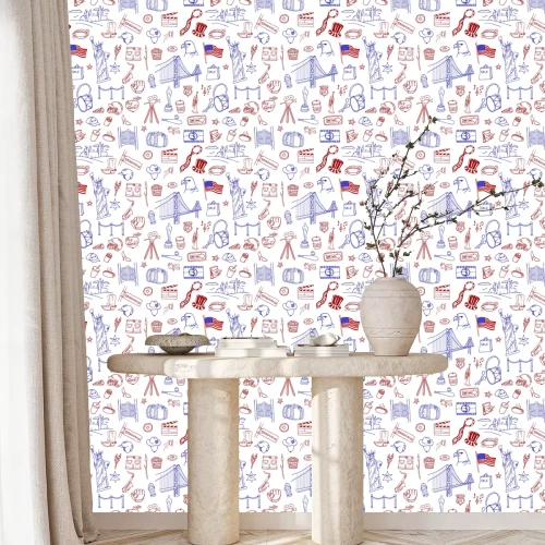 Behang Hand getrokken doodle verzameling van de verschillende Amerikaanse voorwerpen, gebouwen en tekenen. Line art pictogrammen patroon.