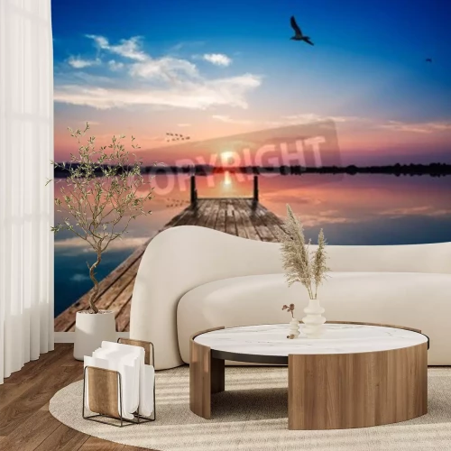 Fotobehang Zonsondergang op een pier en een meer