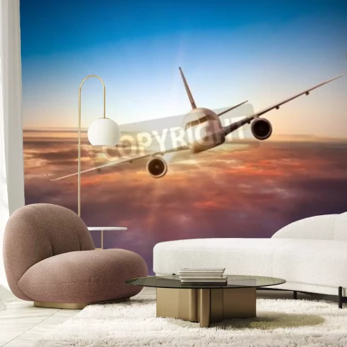 Fotobehang Vliegtuig op de achtergrond van de zonsondergang