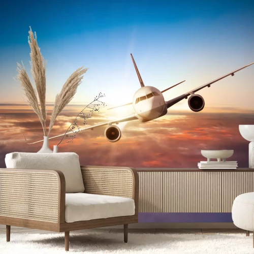 Fotobehang Vliegtuig op de achtergrond van de zonsondergang