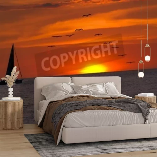 Fotobehang Zeilboot en zonsondergang