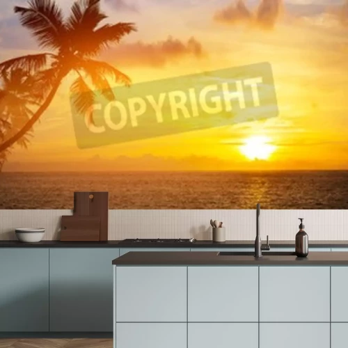 Fotobehang Zonsopgang, zee en palmbomen