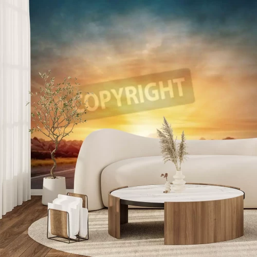 Fotobehang Retro zonsopgang en lege weg