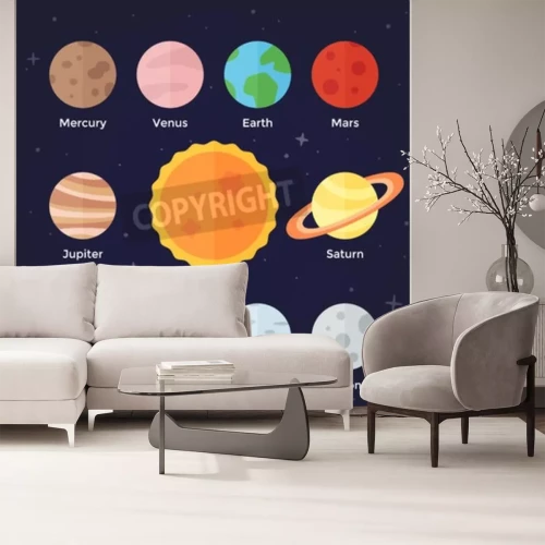 Fotobehang De zon in het centrum, de maan en de planeten