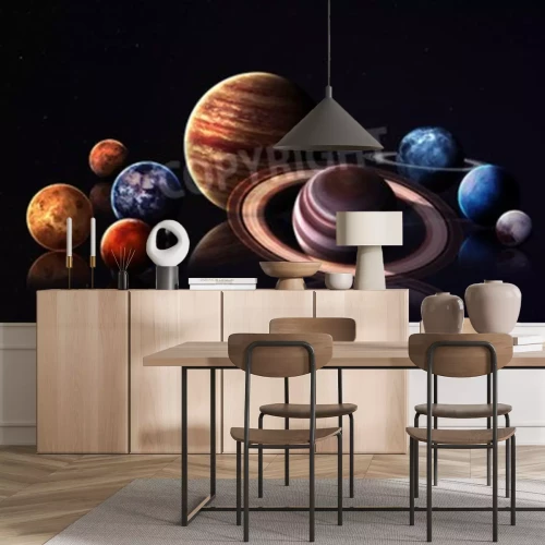 Fotobehang Zonnestelsel met Saturnus op de voorgrond