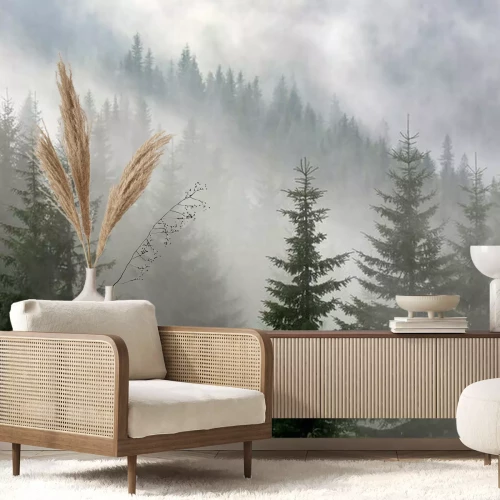 Fotobehang Kerstbomen op een mistige achtergrond