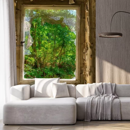 Fotobehang Oud raam met uitzicht op het bos