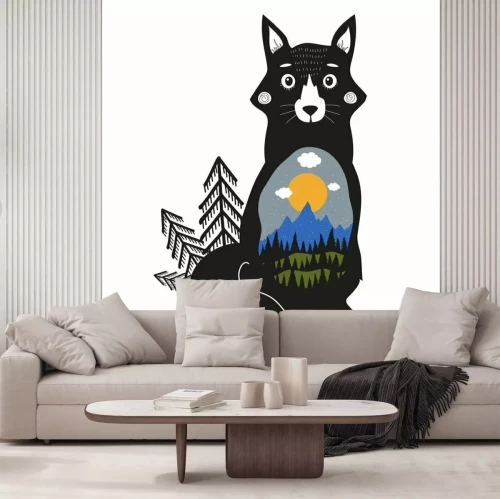 Sticker vos, blauwe bergen, zwart dennenbos, groene heuvels, wolken, zon en sneeuw.