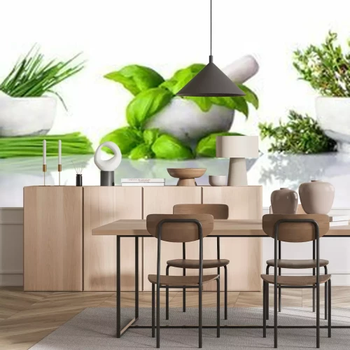 Fotobehang Vijzel en stamper met groene kruiden