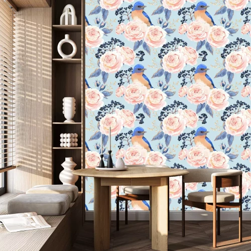 Behang Grote rozen vlier en vogels