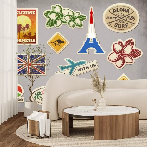 Sticker Vector retro reisbagage stickers die op grunge achtergrond