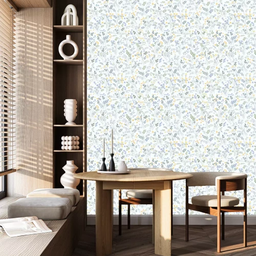 Behang Blauwe en gele wilde bloemen op een lichte achtergrond