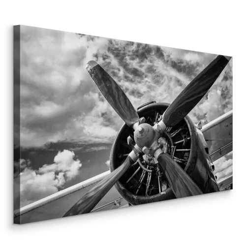 Canvas Zwart-witfoto van een oude vliegtuigpropeller
