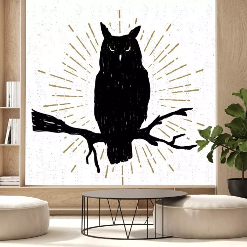 Sticker Uil op een tak met gouden stralen
