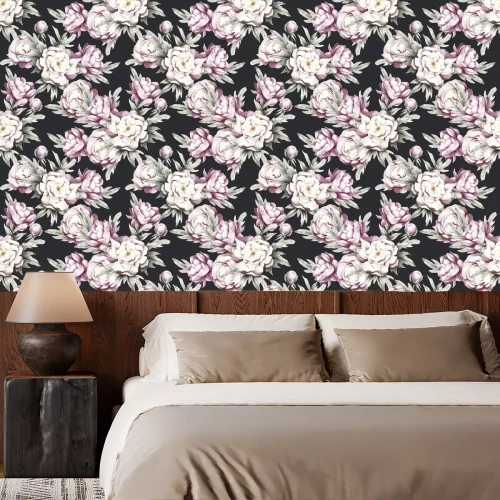 Behang Pioenen en bladeren op donkere achtergrond