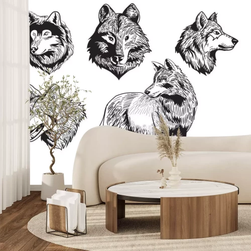 Sticker sketch wolfssilhouet tekening die op witte achtergrond