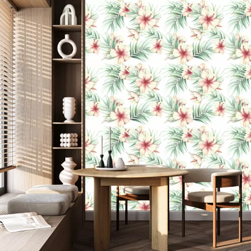 Behang Naadloos patroon met tropische bloemen en bladeren. Illustratie van de waterverf.