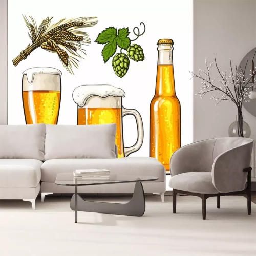 Sticker Set van koude bierfles, mok en glas, mout en hop, schets vector illustraties op een witte achtergrond. Hand getrokken bierglas, mok en fles, tak van hop en oren van gerst, Oktoberfest