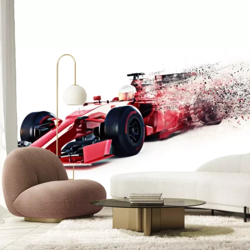 Sticker Red motorsport raceauto voorzijde schuin oog te hard rijden op een witte achtergrond met een snelheid dispersie effect. 3D-rendering