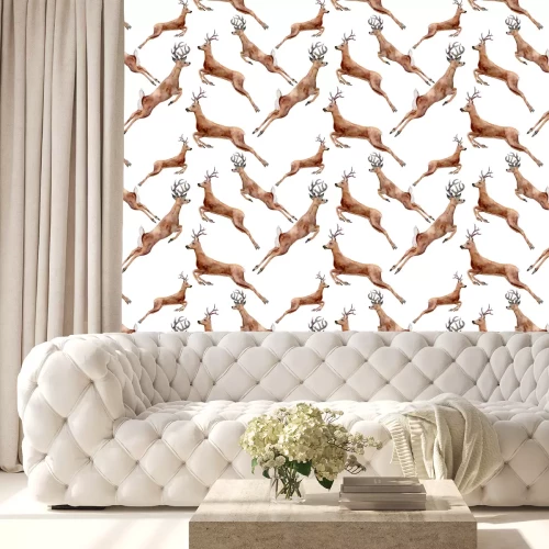 Behang Waterverf het lopende herten naadloos patroon. Kerstmis wilde dieren illustratie op een witte achtergrond voor ontwerp, print of achtergrond