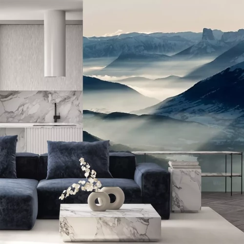 Sticker Landschap met bergtoppen in de wolken