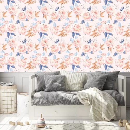 Behang Pioenrozen vintage met blauwe bladeren