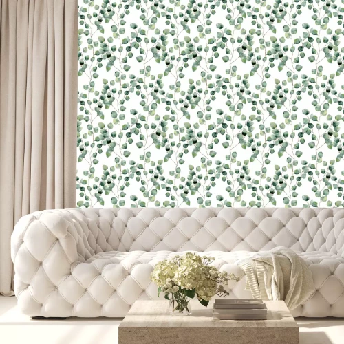 Behang Aquarel eucalyptus takken met groene bladeren op een witte achtergrond