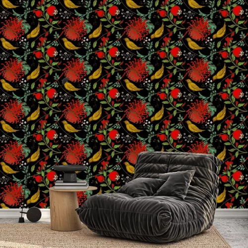 Behang Een helder motief met vogels op een zwarte achtergrond