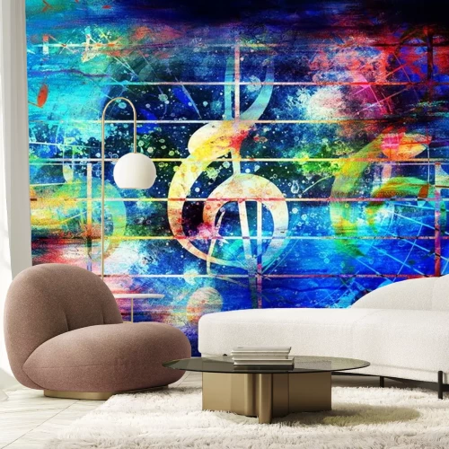 Sticker prachtige abstracte kleurrijke collage met muziek notities en de vioolsleutel.