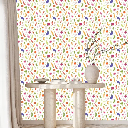 Behang Grafische kleurrijke groenten geheel en gesneden