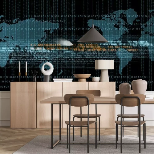 Fotobehang Digitale gegevens op de achtergrond van een wereldkaart