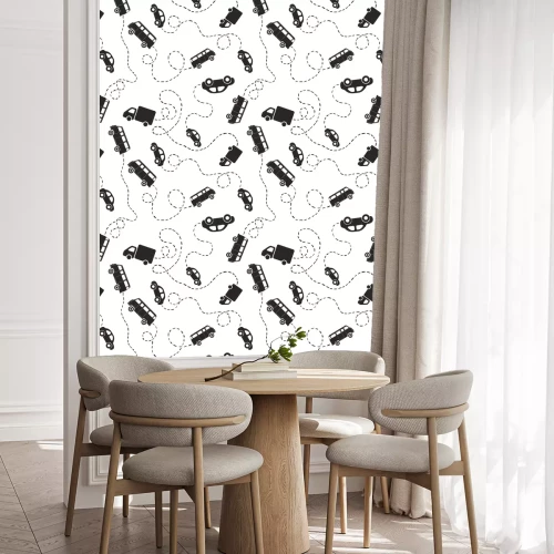 Behang Naadloos patroon - auto's. Zwart op wit