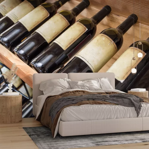 Fotobehang Oude wijn flessen op het wijnrek.