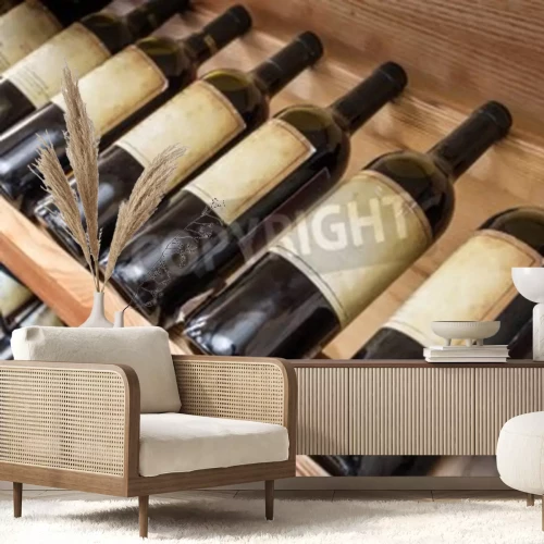 Fotobehang Oude wijn flessen op het wijnrek.