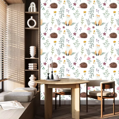 Behang Aquarel vosjes egels en planten