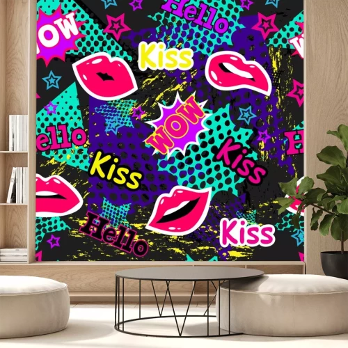 Sticker Abstract naadloos patroon voor meisje en jongen. Creatieve kleurrijke behang met pop-art comics tekstballonnen, wolken, woorden. Grunge stedelijke achtergrond voor textiel, mode, sport kleren. Blauw, 