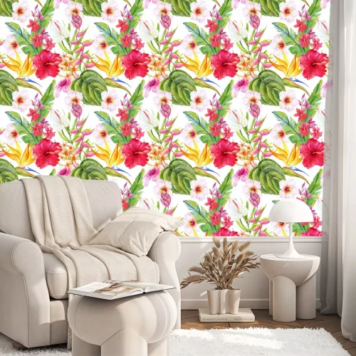 Behang Waterverf het tropische bloemmotief