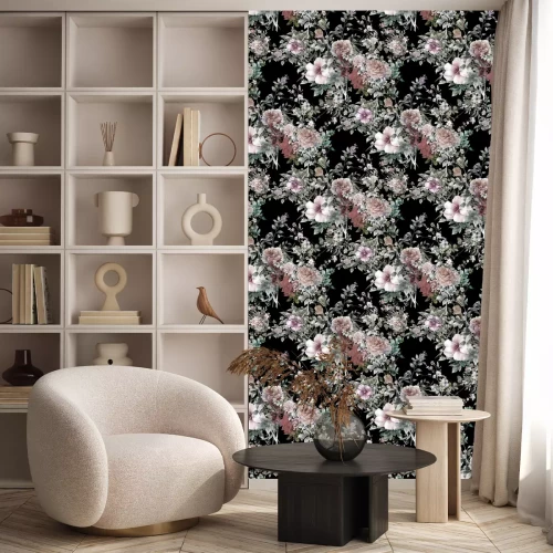 Behang Aquarel schilderen van bladeren en bloemen, naadloos patroon op donkere achtergrond