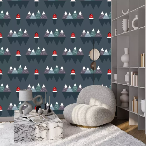 Behang Scandinavische bergen en rode huizen