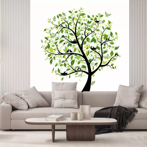 Sticker Lente tree green met vogels voor uw ontwerp