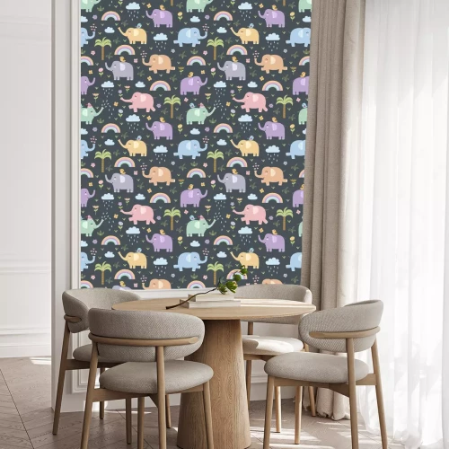 Behang Kleurrijke olifanten, bloemen, regenbogen en wolken