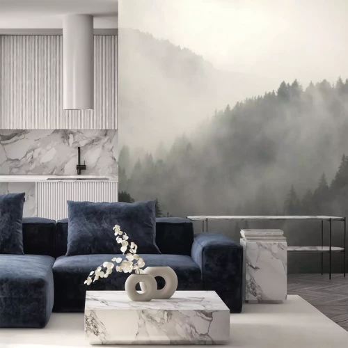 Fotobehang Ochtendmist over de bomen in de bergen