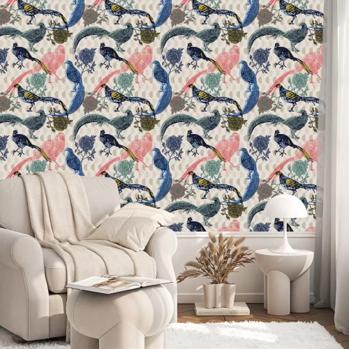 Behang Mozaïek met vogels en bloemen