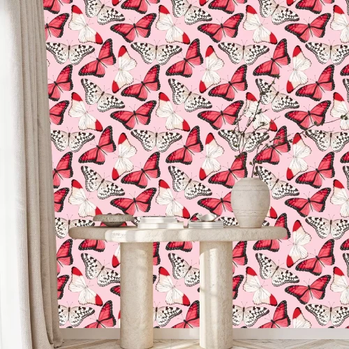 Behang Rode en beige vlinders op een roze achtergrond