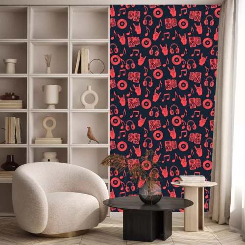 Behang Muzikale vector achtergrond, muziek accessoires naadloos patroon. Silhouet tekening hoofdtelefoons, schijf CD, plaat, luidsprekers, notities en gebaar geit in rode kleuren op een donkerblauwe