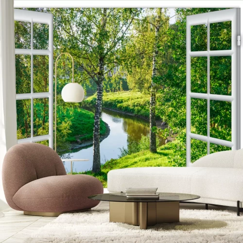 Fotobehang Raam met uitzicht op de rivier in een groen park