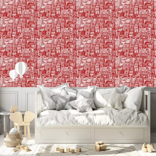 Behang Hand getrokken naadloos patroon met grote stad New York. Vector uitstekende illustratie met NYC architectuur, wolkenkrabbers, megapolis, gebouwen, de stad.